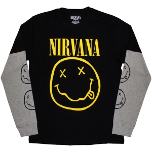 Nirvana - Happy Face Uni Bl/Grey Layered Longsleeve  (L) in the group MERCHANDISE / T-shirt / Pop-Rock at Bengans Skivbutik AB (5644791)